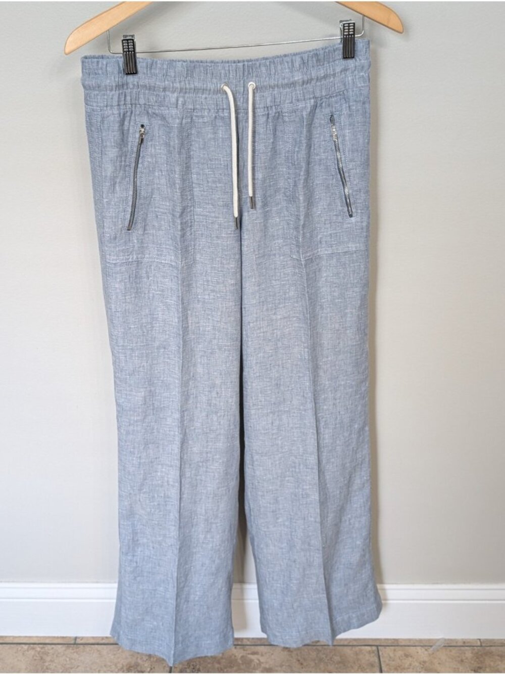 Athleta Pants Womens 6 Blue Cabo Linen Pleated Wide Leg Drawstring Casual Travel